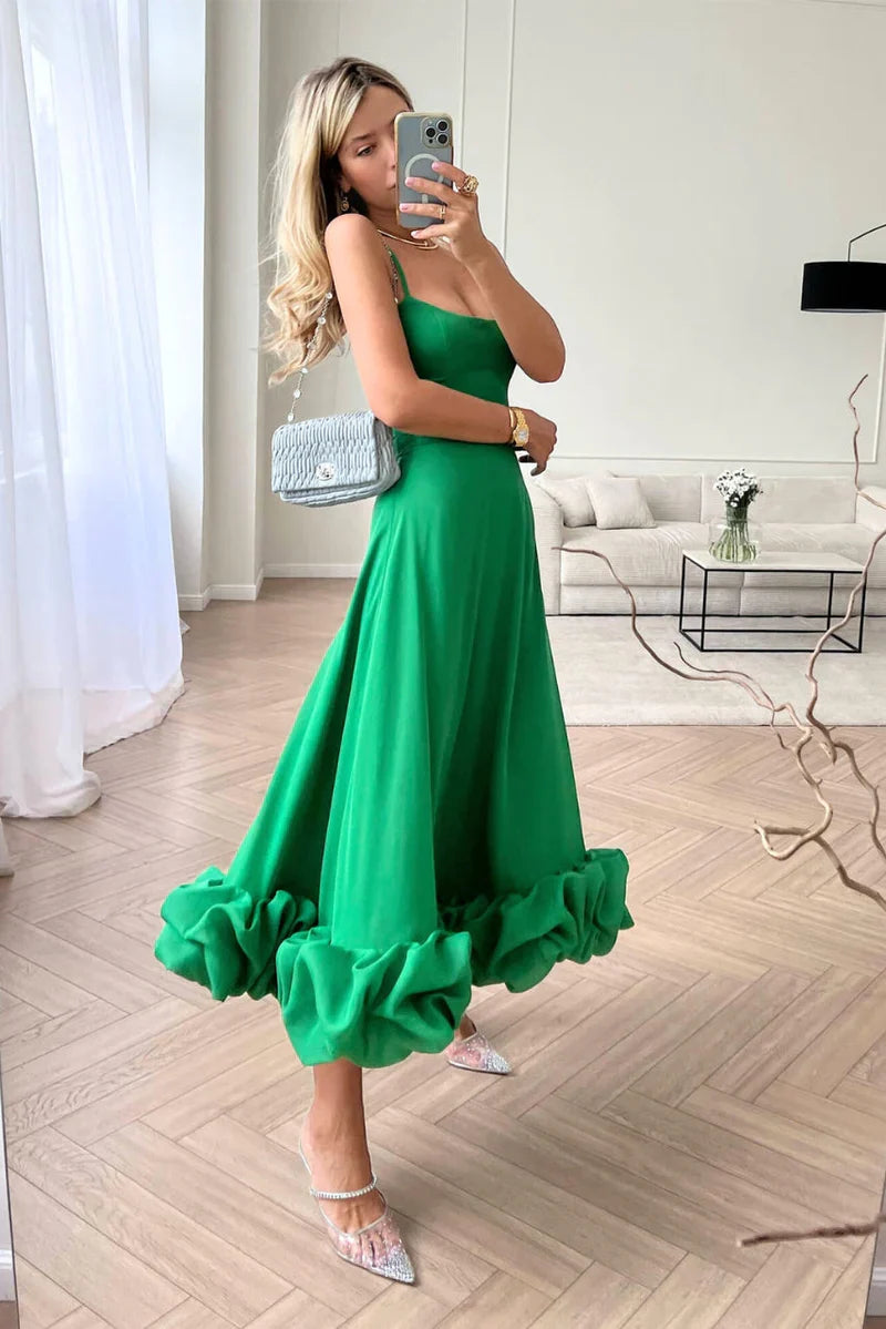 Women’s Spaghetti Strap Maxi Dress with Flared Skirt and Ruffle Hem