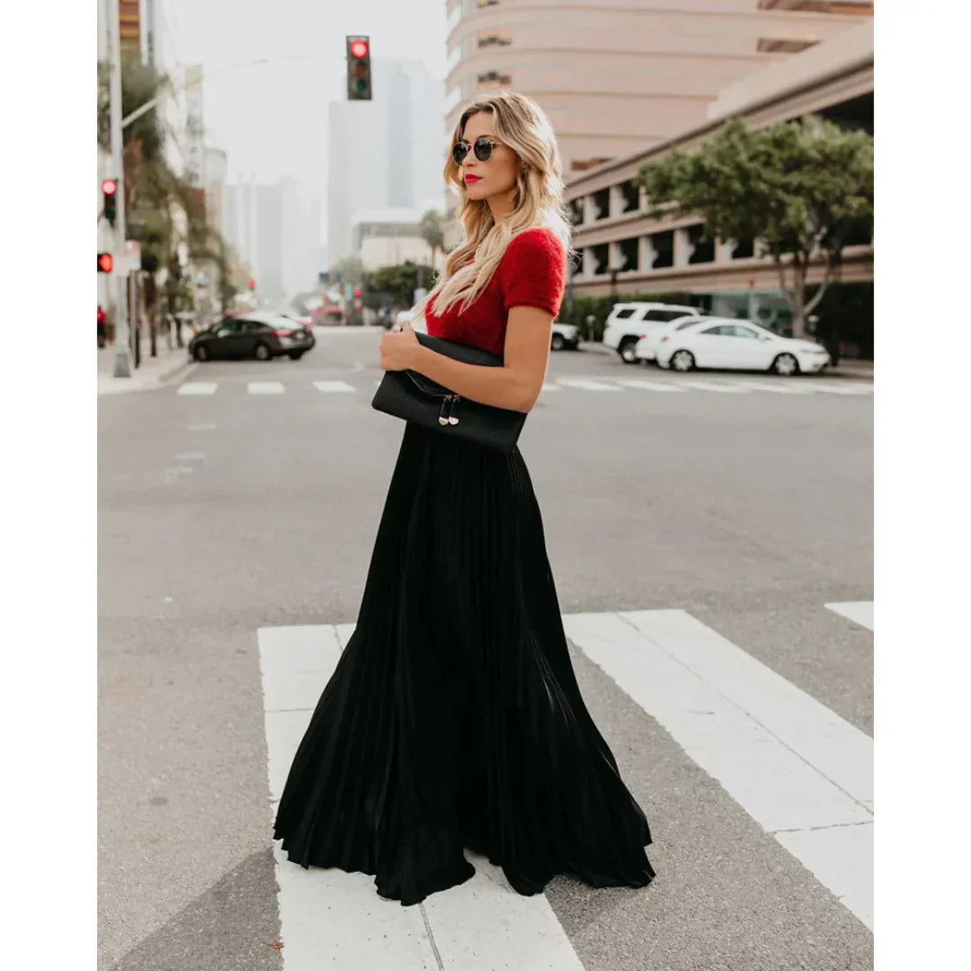 Women’s Pleated Maxi Skirt with Flowy Long Length