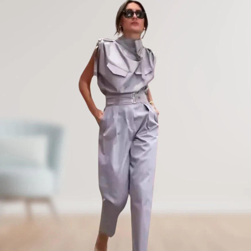 Women’s Two Piece Suit Set with Belted Waist and Matching Pants