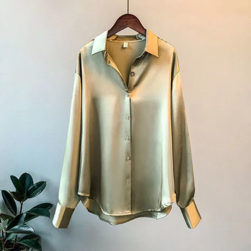 Women’s Button Down Satin Blouse with Loose Fit Design