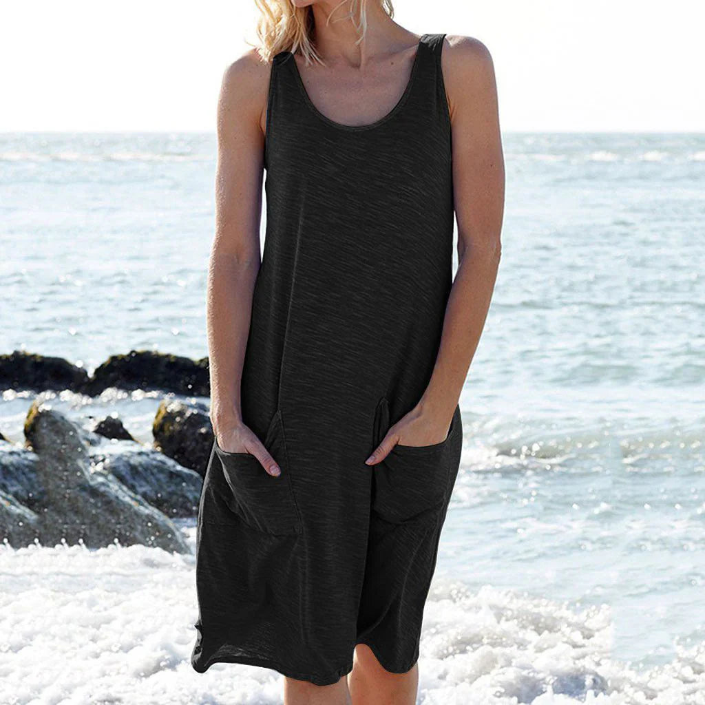 Women’s Sleeveless Summer Midi Dress with Pockets and Relaxed Fit