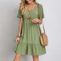 Short Sleeve V-Neck Cotton Mini Dress - A-Line Fit