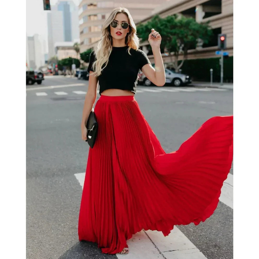 Women’s Pleated Maxi Skirt with Flowy Long Length