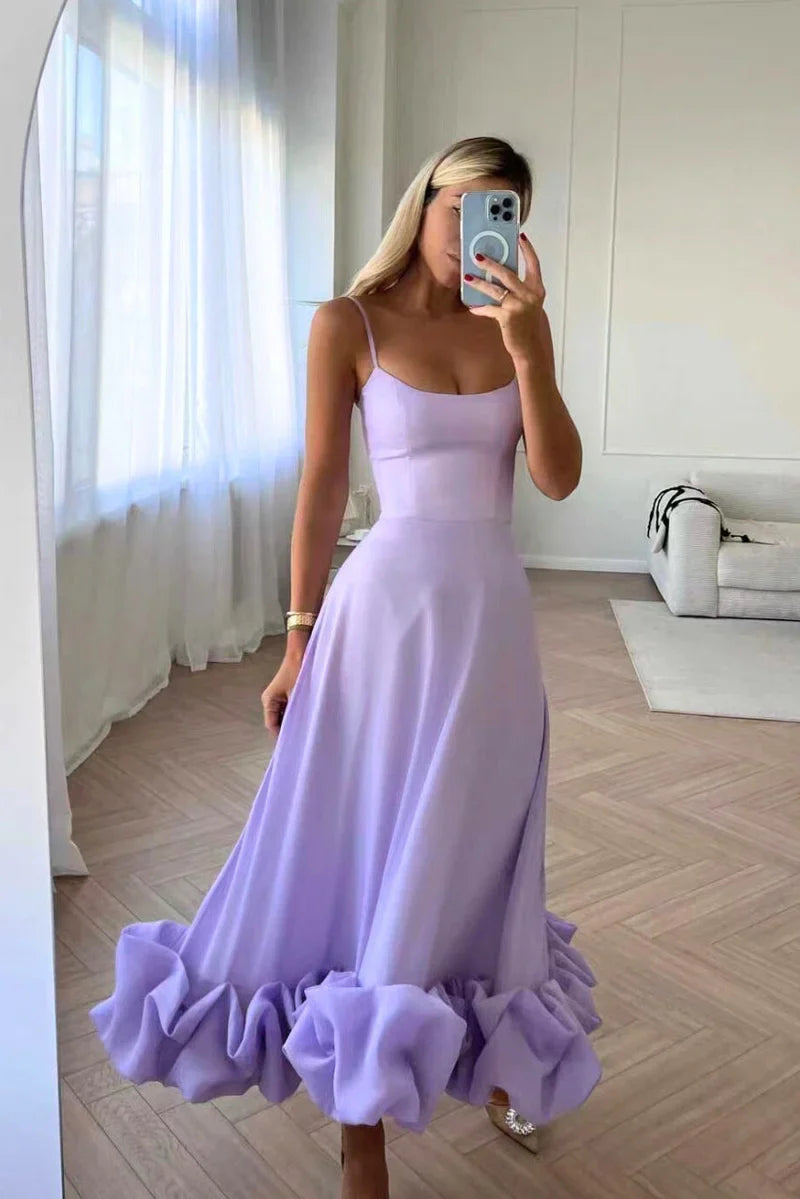 Women’s Spaghetti Strap Maxi Dress with Flared Skirt and Ruffle Hem