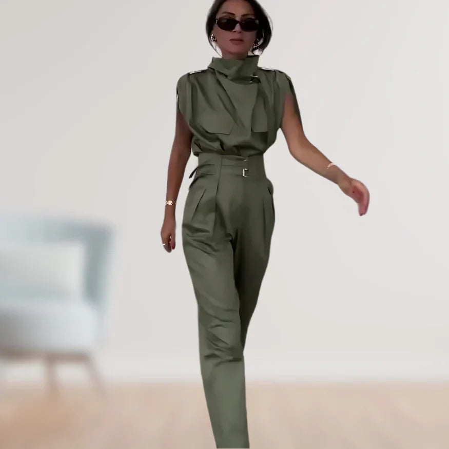 Women’s Two Piece Suit Set with Belted Waist and Matching Pants