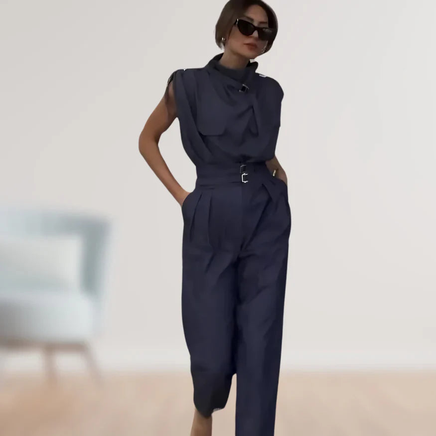 Women’s Two Piece Suit Set with Belted Waist and Matching Pants