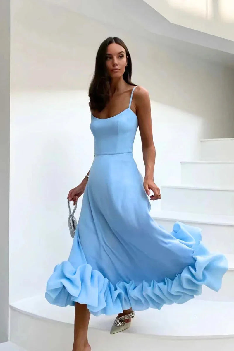 Women’s Spaghetti Strap Maxi Dress with Flared Skirt and Ruffle Hem