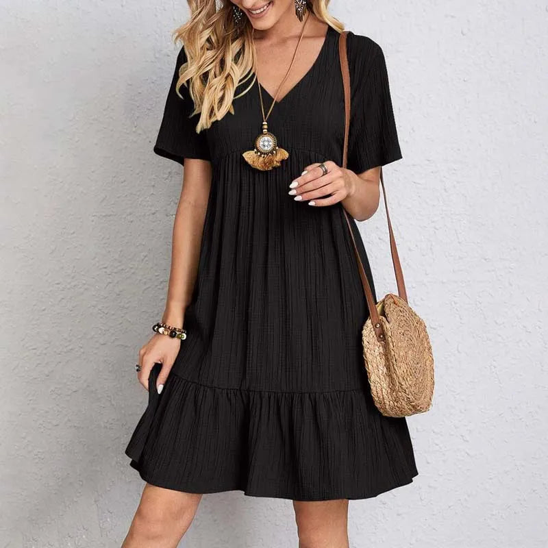 Short Sleeve V-Neck Cotton Mini Dress - A-Line Fit