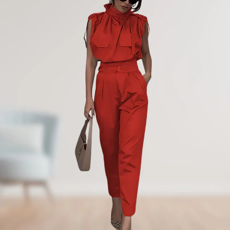 Women’s Two Piece Suit Set with Belted Waist and Matching Pants