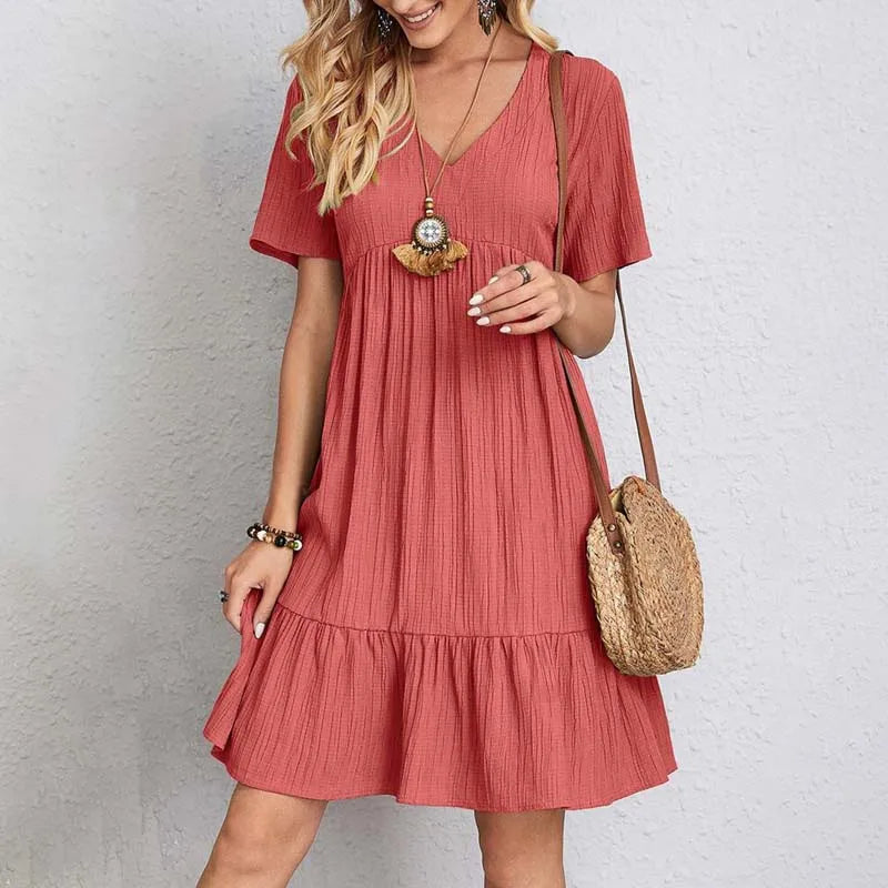 Short Sleeve V-Neck Cotton Mini Dress - A-Line Fit