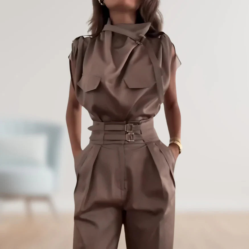 Women’s Two Piece Suit Set with Belted Waist and Matching Pants
