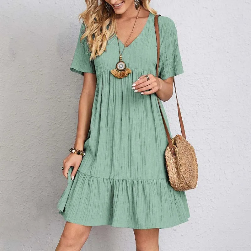 Short Sleeve V-Neck Cotton Mini Dress - A-Line Fit