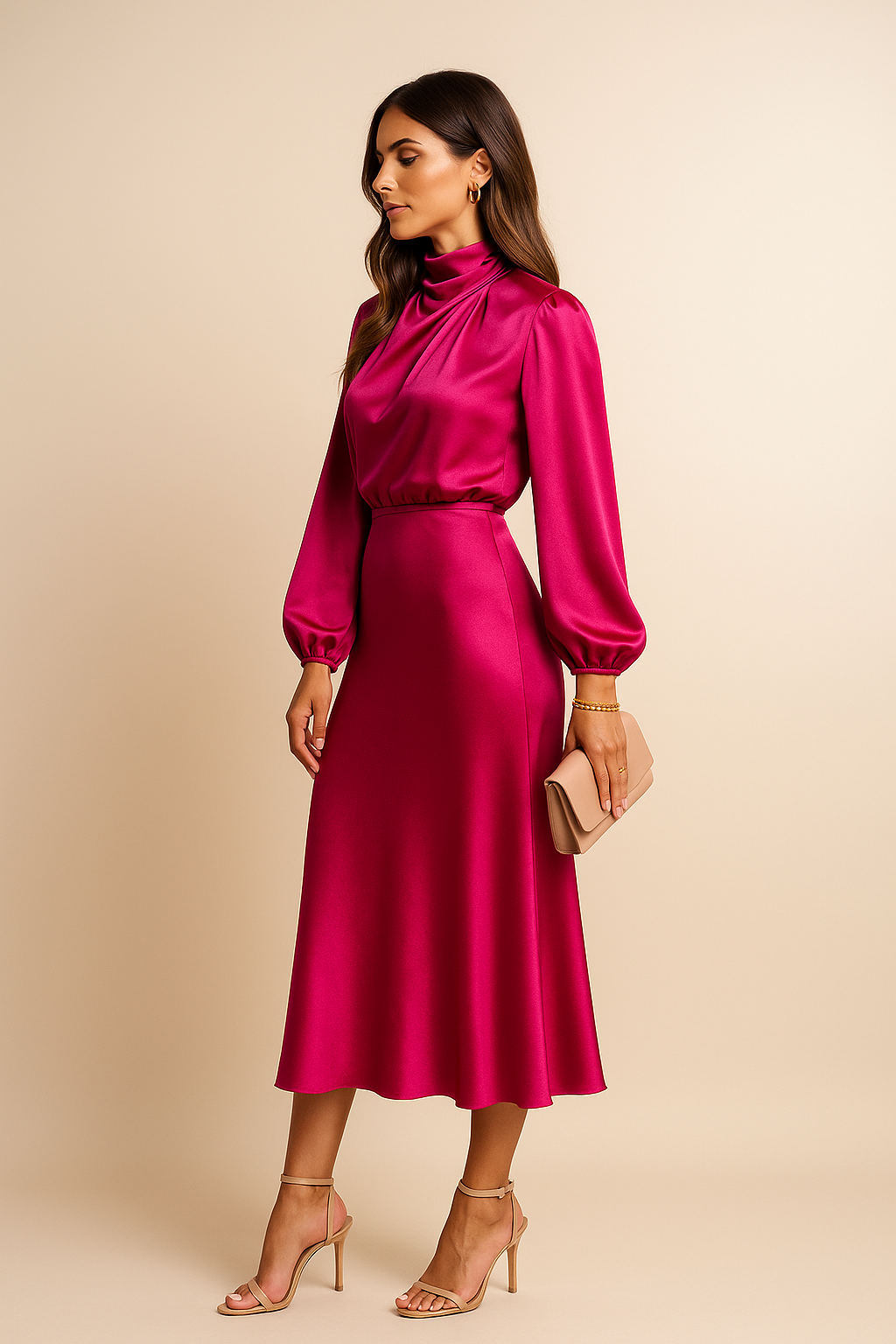 Women's High-Waisted Plain Midi Dress