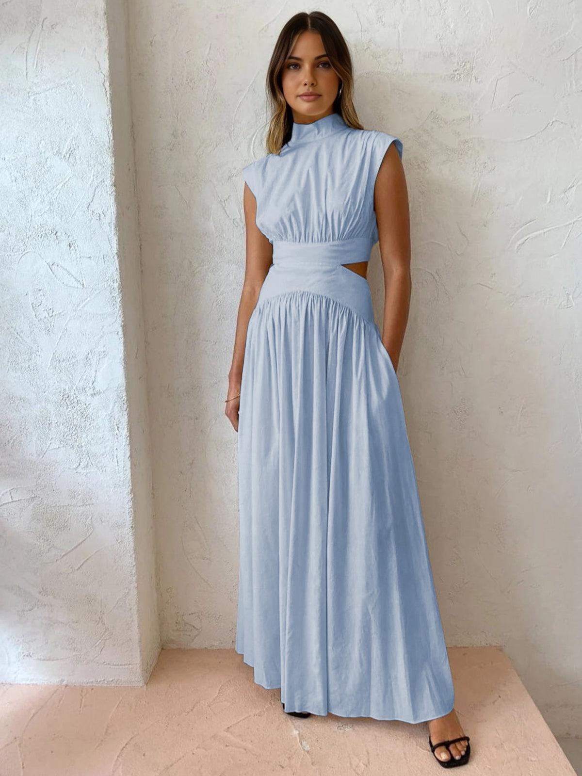 Women's Sleeveless Cut-Out Waist Maxi Dress - Linen Blend