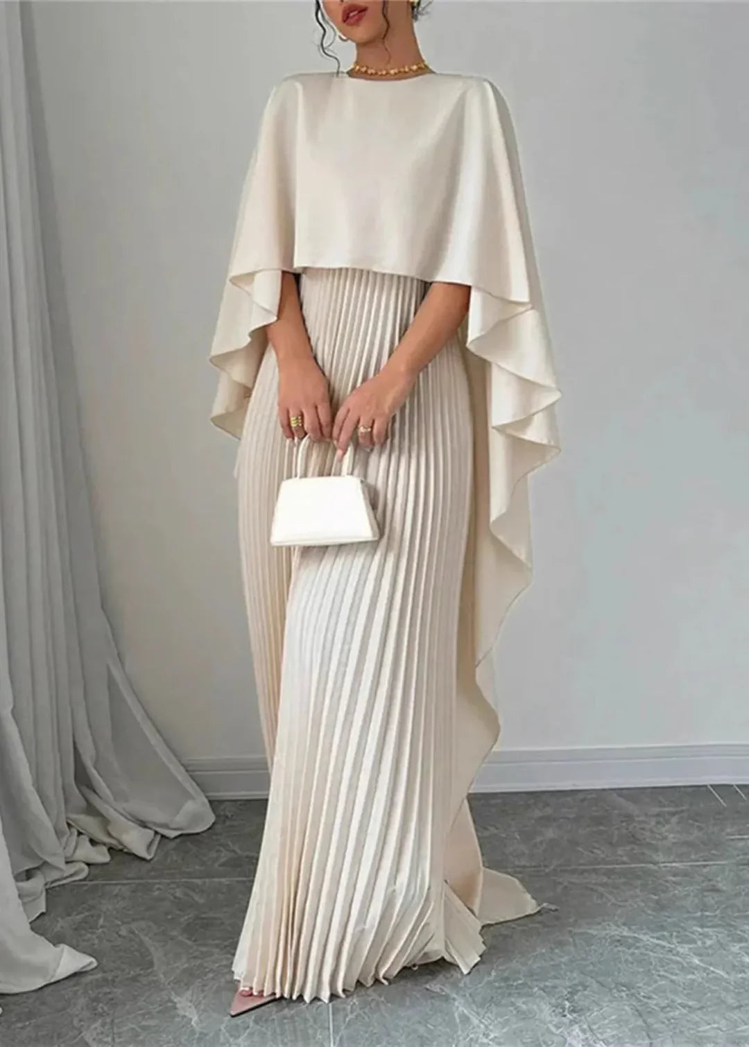 Women’s Cape Overlay Pleated Maxi Dress