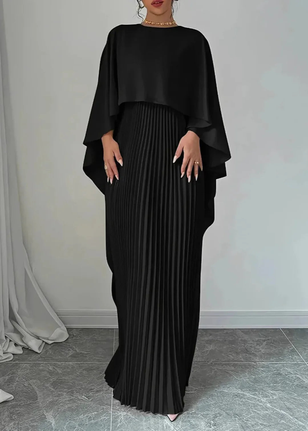 Women’s Cape Overlay Pleated Maxi Dress