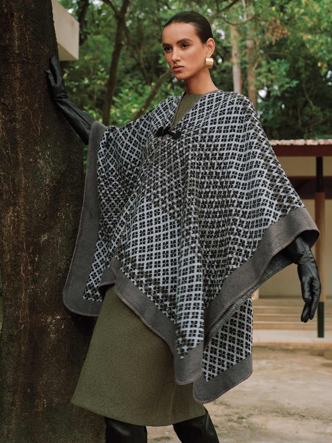 Buttoned Checked Knit Poncho