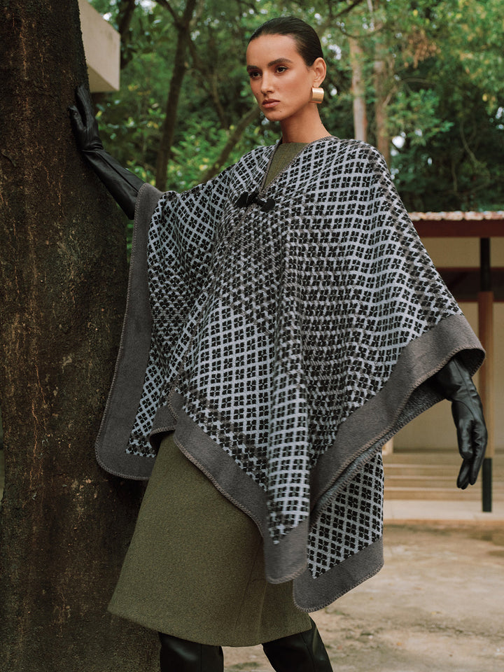 Buttoned Checked Knit Poncho