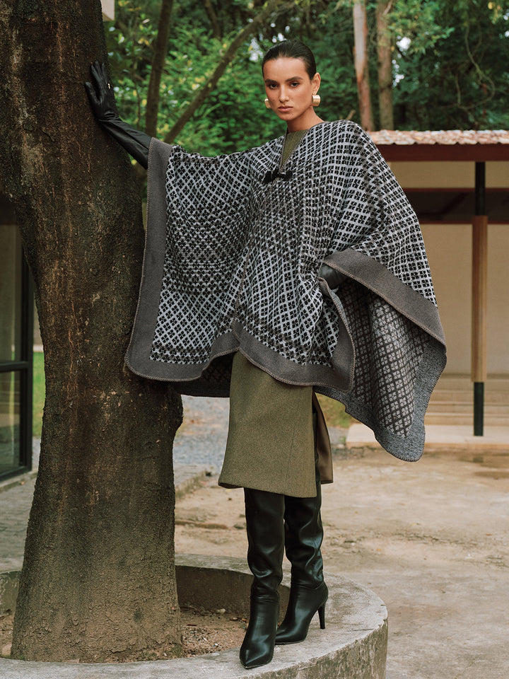 Buttoned Checked Knit Poncho