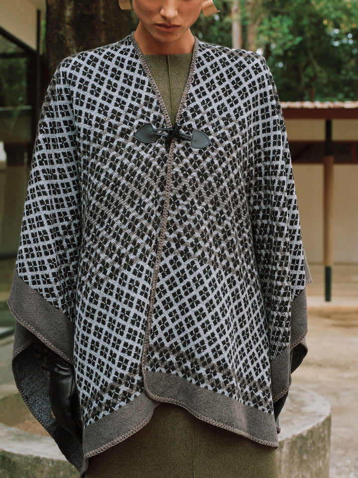 Buttoned Checked Knit Poncho