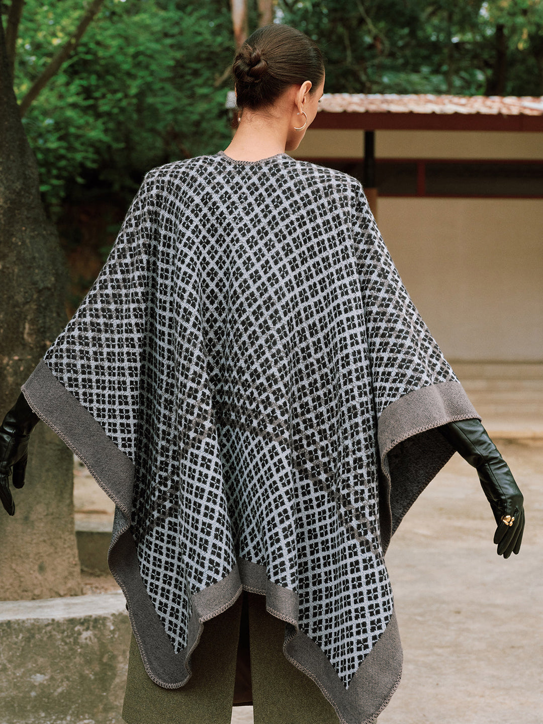 Buttoned Checked Knit Poncho
