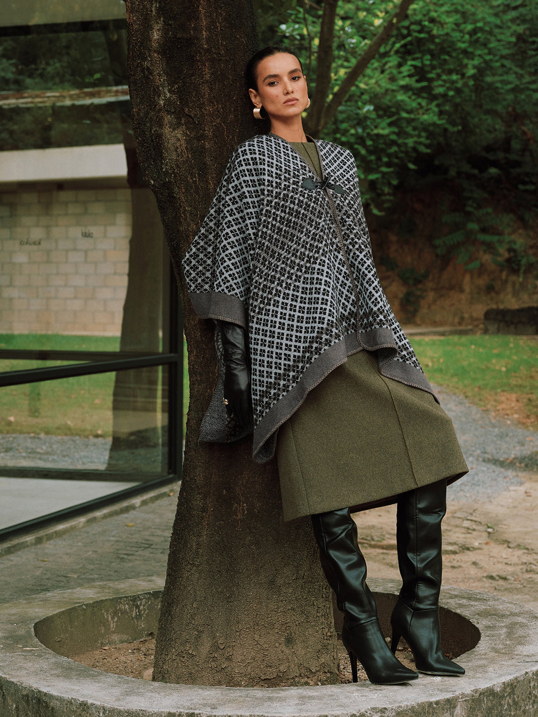 Buttoned Checked Knit Poncho