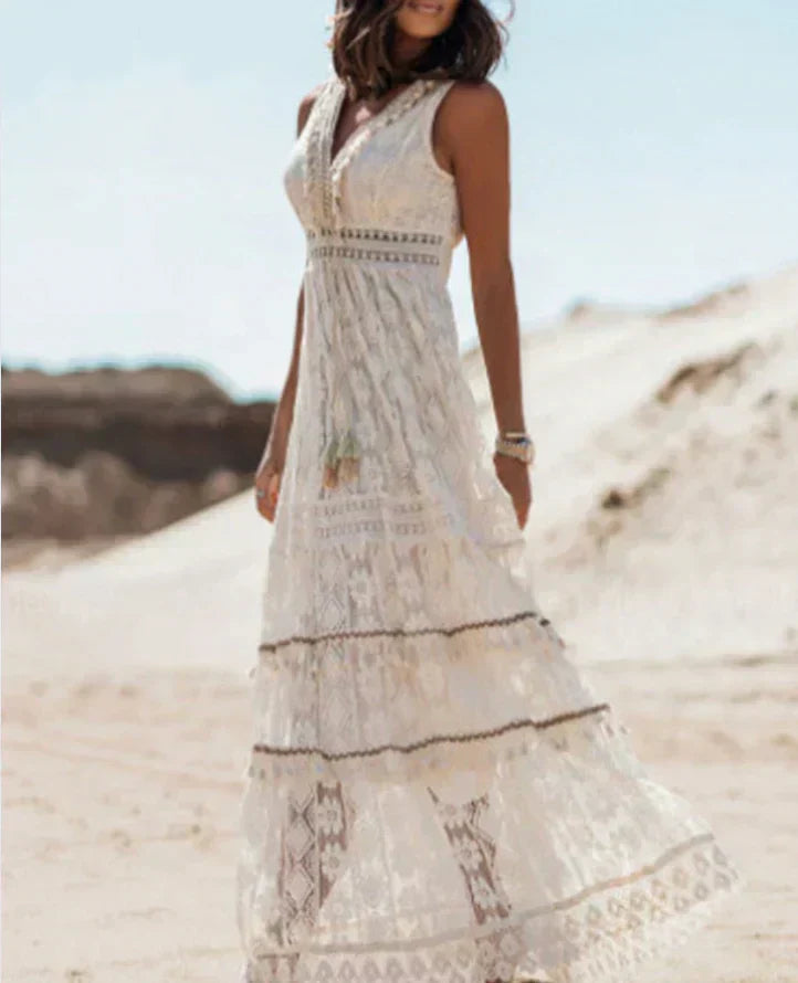 Women’s Boho Lace Maxi Dress – V-Neck A-Line