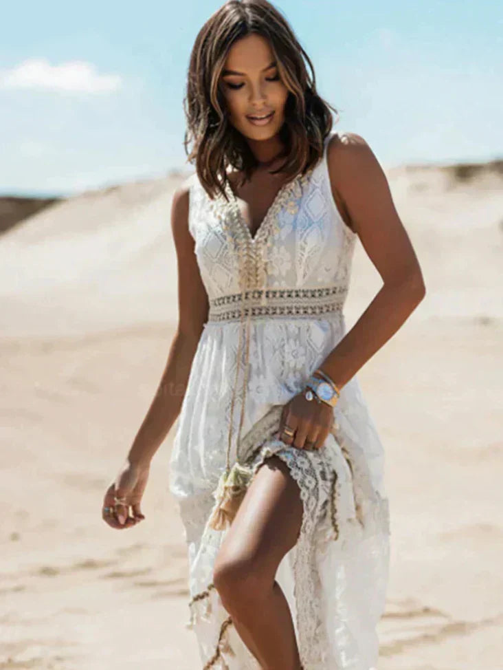Women’s Boho Lace Maxi Dress – V-Neck A-Line