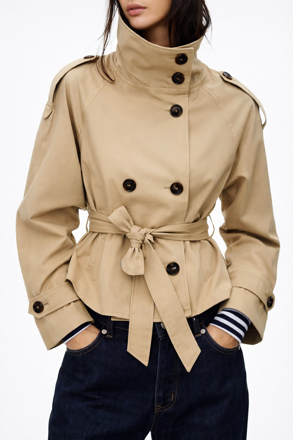 Beige Double-Breasted Belted Trench Coat