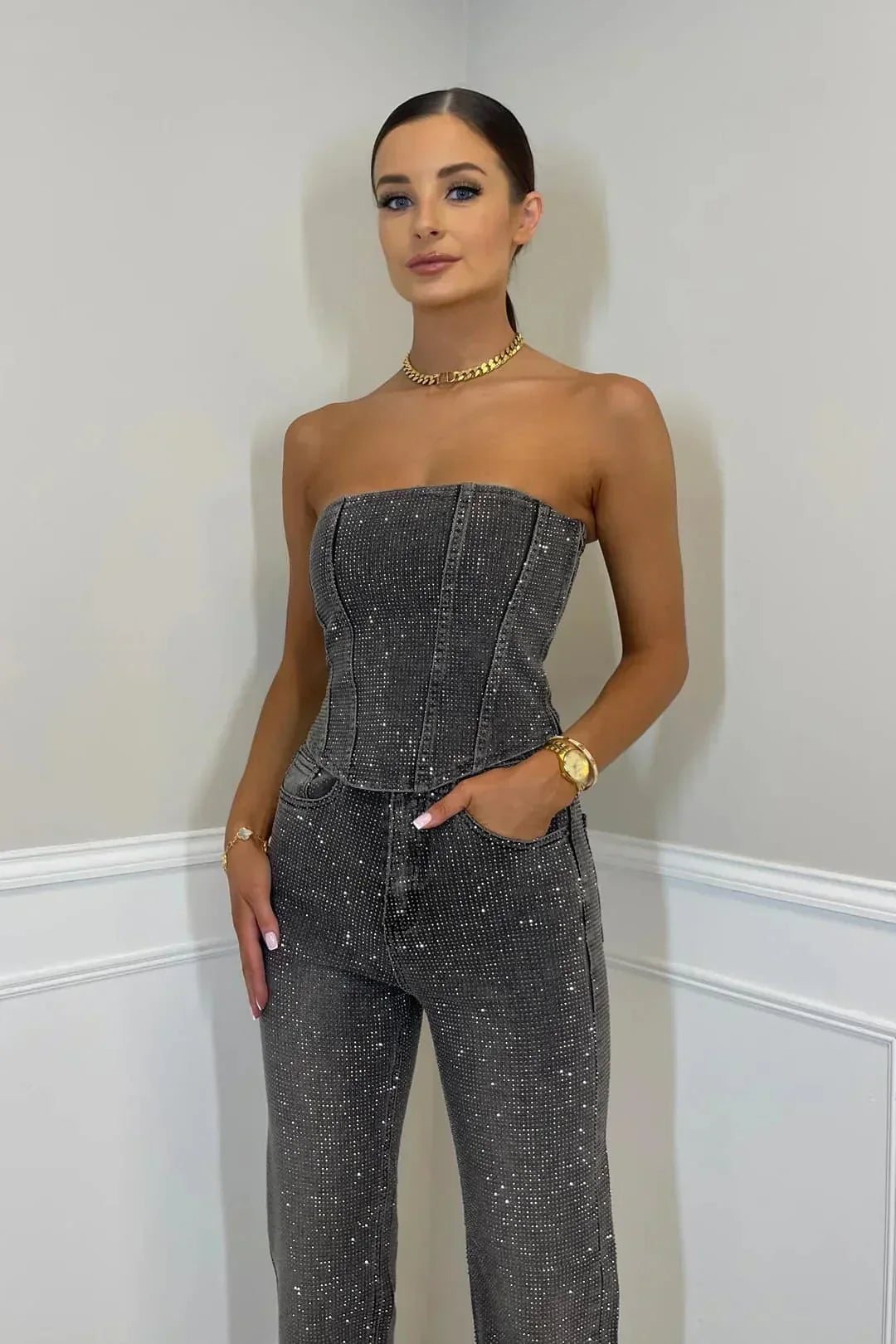 Women’s Strapless Jumpsuit – Bandeau Neckline Wide-Leg