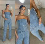 Women’s Strapless Jumpsuit – Bandeau Neckline Wide-Leg