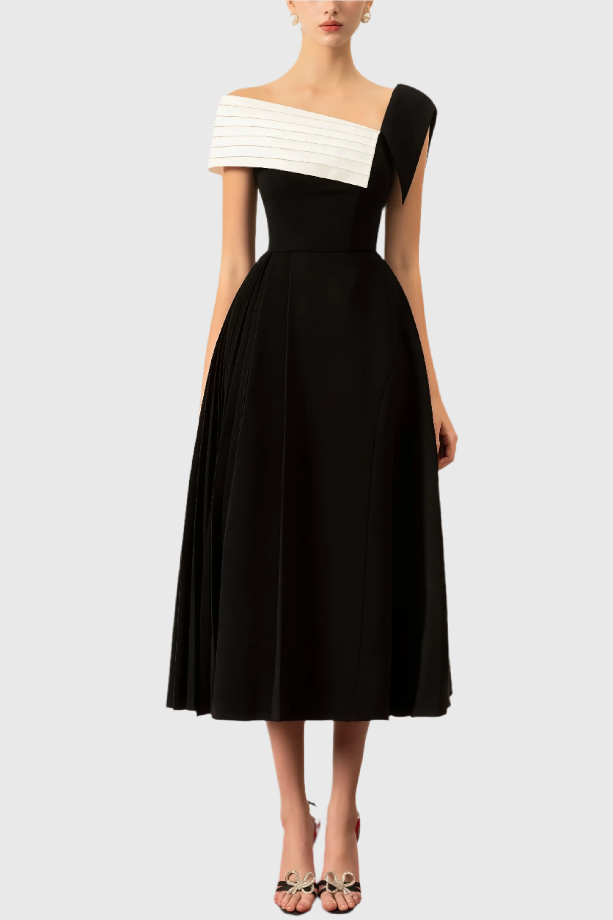 Asymmetric One-Shoulder Midi Dress - Black and White