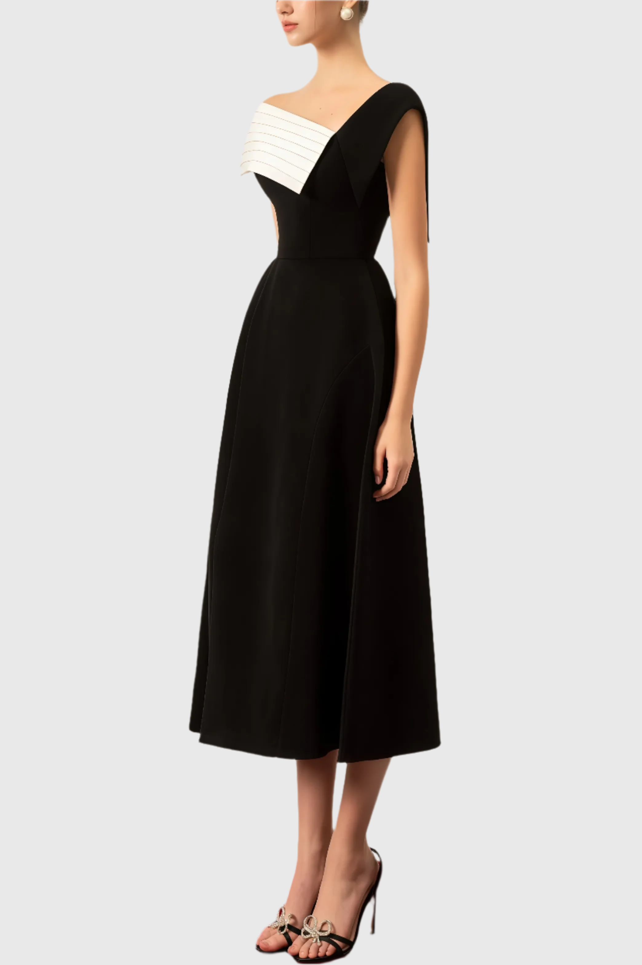Asymmetric One-Shoulder Midi Dress - Black and White