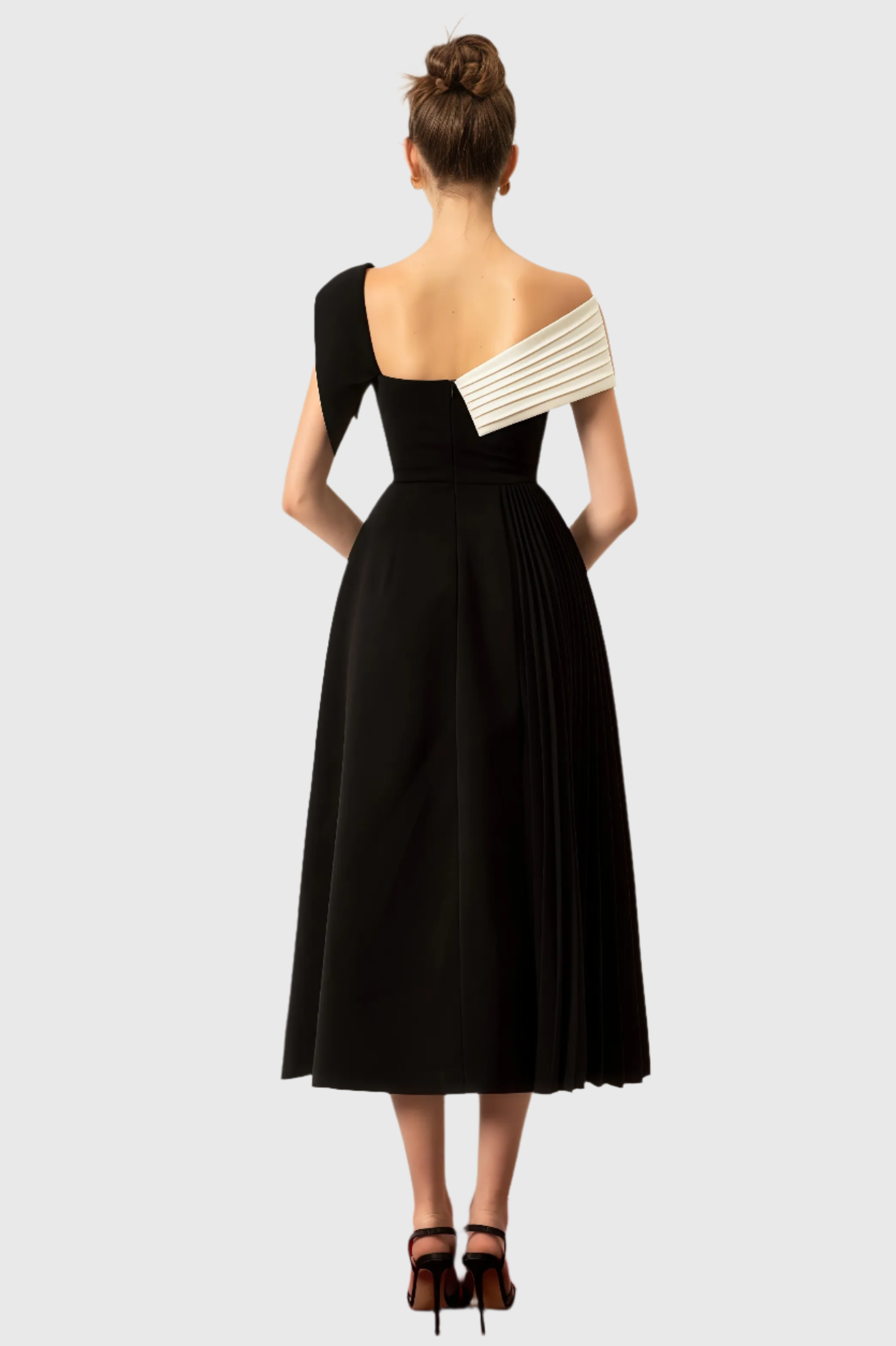 Asymmetric One-Shoulder Midi Dress - Black and White
