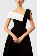 Asymmetric One-Shoulder Midi Dress - Black and White