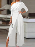 Women's Off-Shoulder Wide-Leg Jumpsuit with Waist Tie
