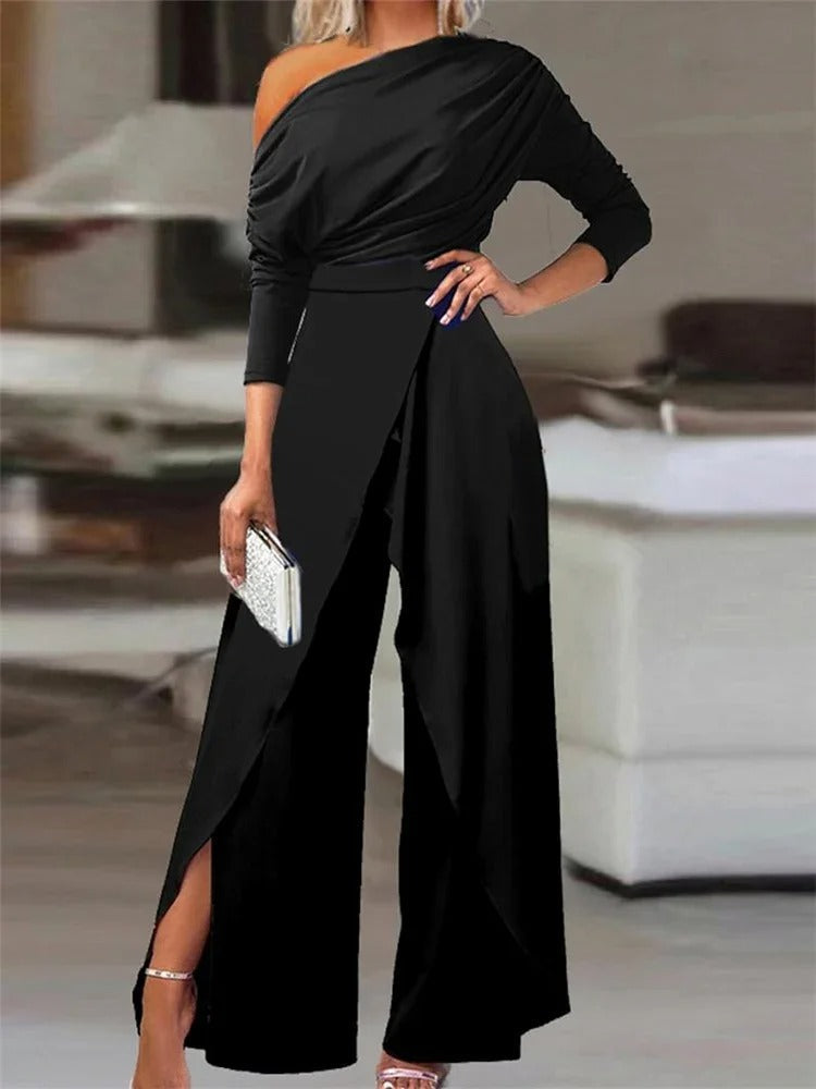 Women's Off-Shoulder Wide-Leg Jumpsuit with Waist Tie