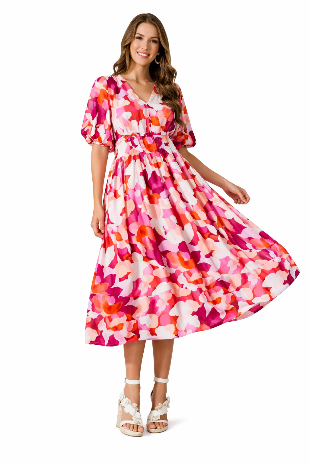 Long floral dress with long sleeves and V-neck for spring weddings