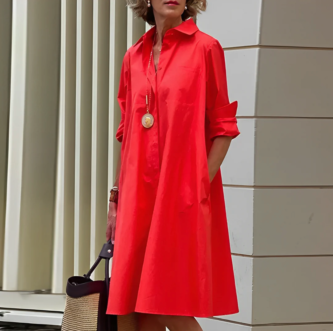 Women's Satin Long Sleeve Midi Dress - A-Line