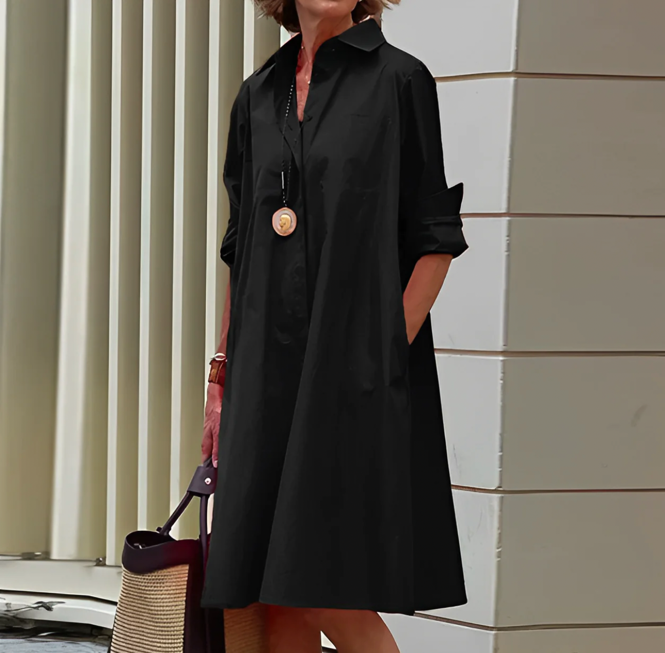Women's Satin Long Sleeve Midi Dress - A-Line