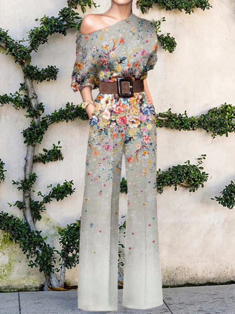 Women’s One-Shoulder Wide-Leg Jumpsuit with Artistic Print Design