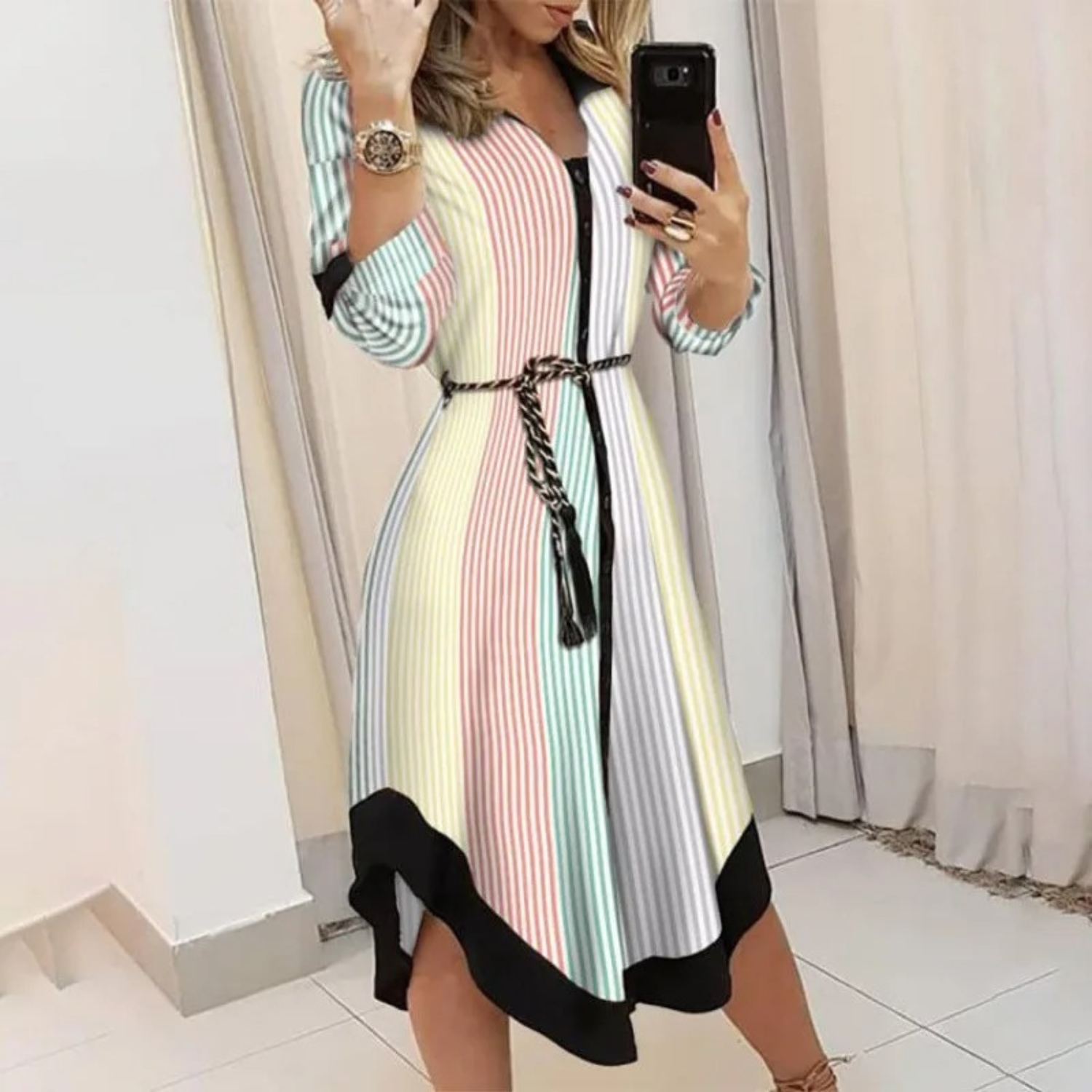 Women’s Button-Down Shirt Dress – Long Sleeve with Waist Tie