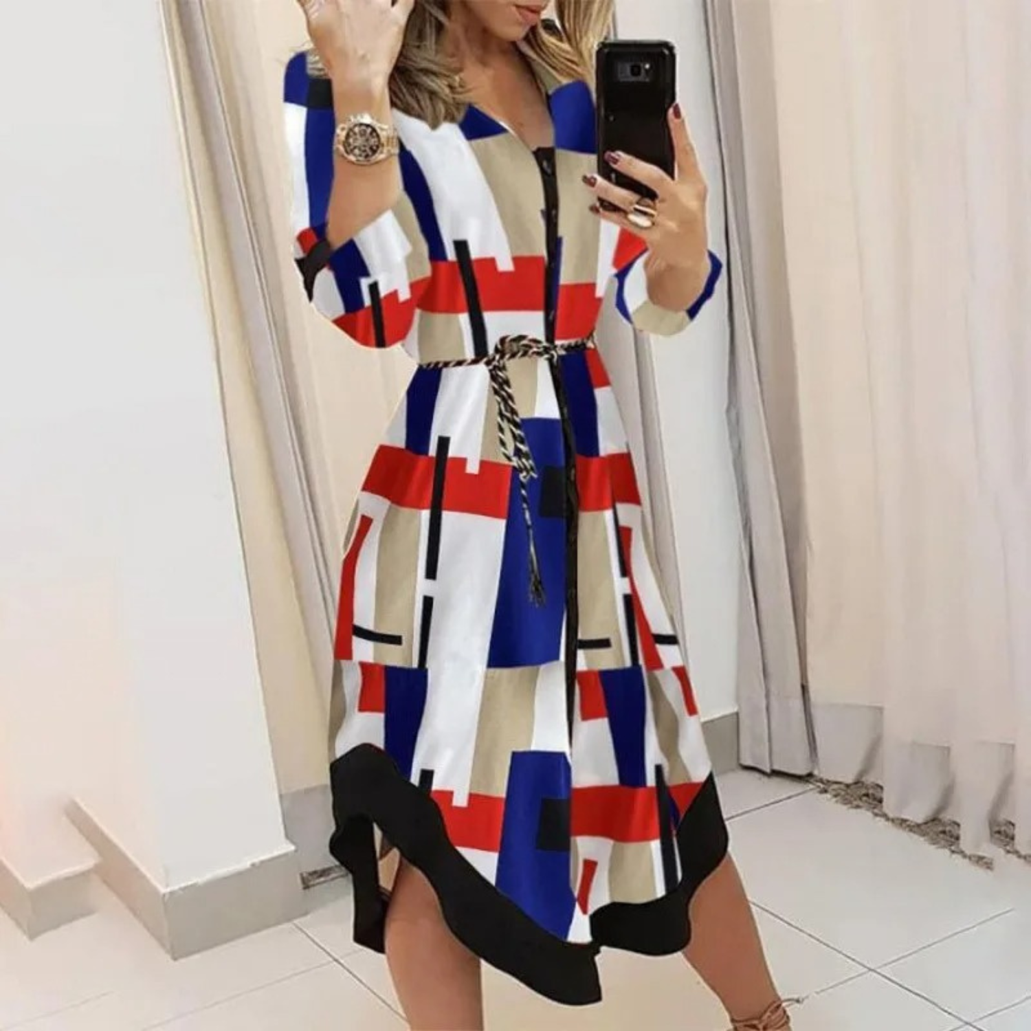 Women’s Button-Down Shirt Dress – Long Sleeve with Waist Tie