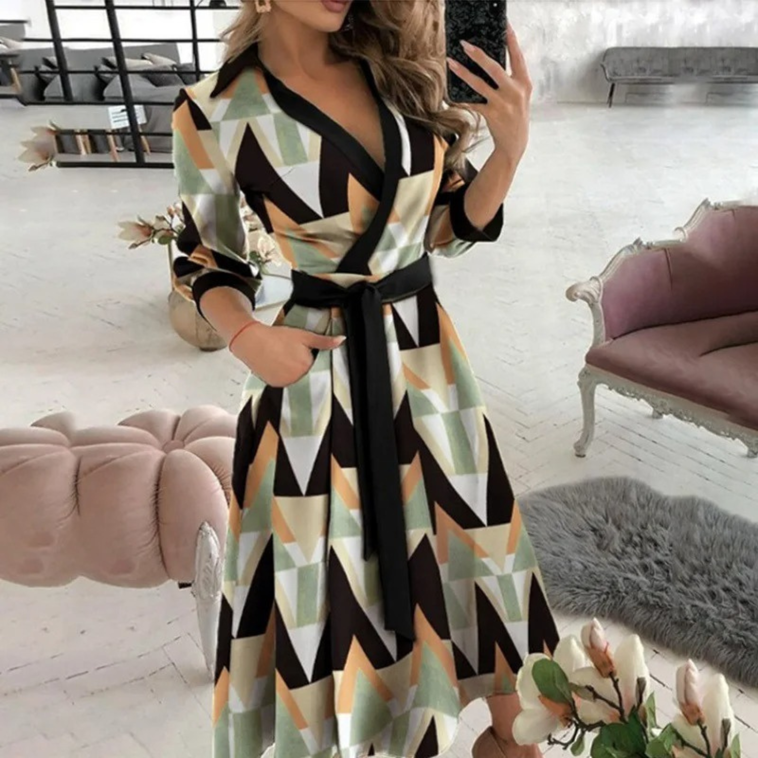 Women’s Button-Down Shirt Dress – Long Sleeve with Waist Tie