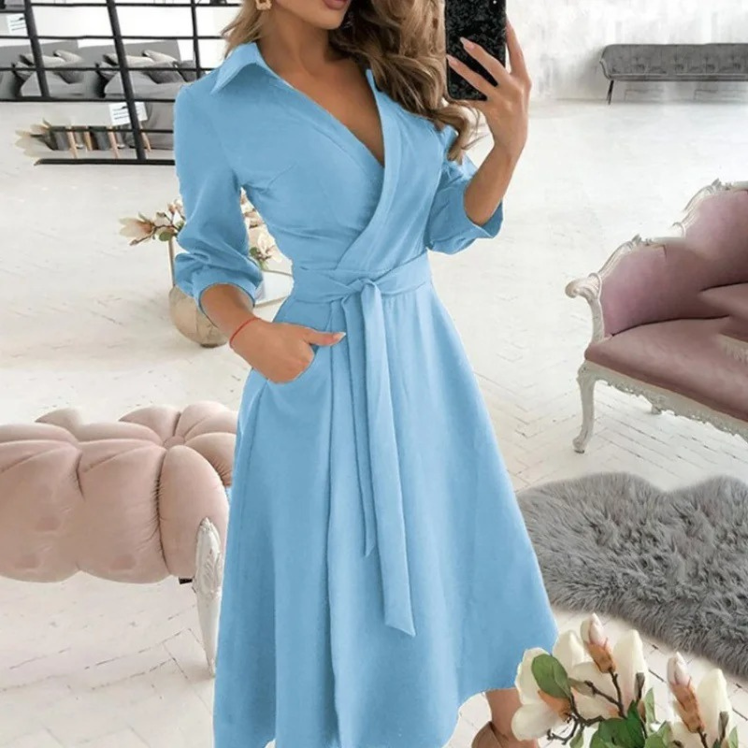 Women’s Button-Down Shirt Dress – Long Sleeve with Waist Tie