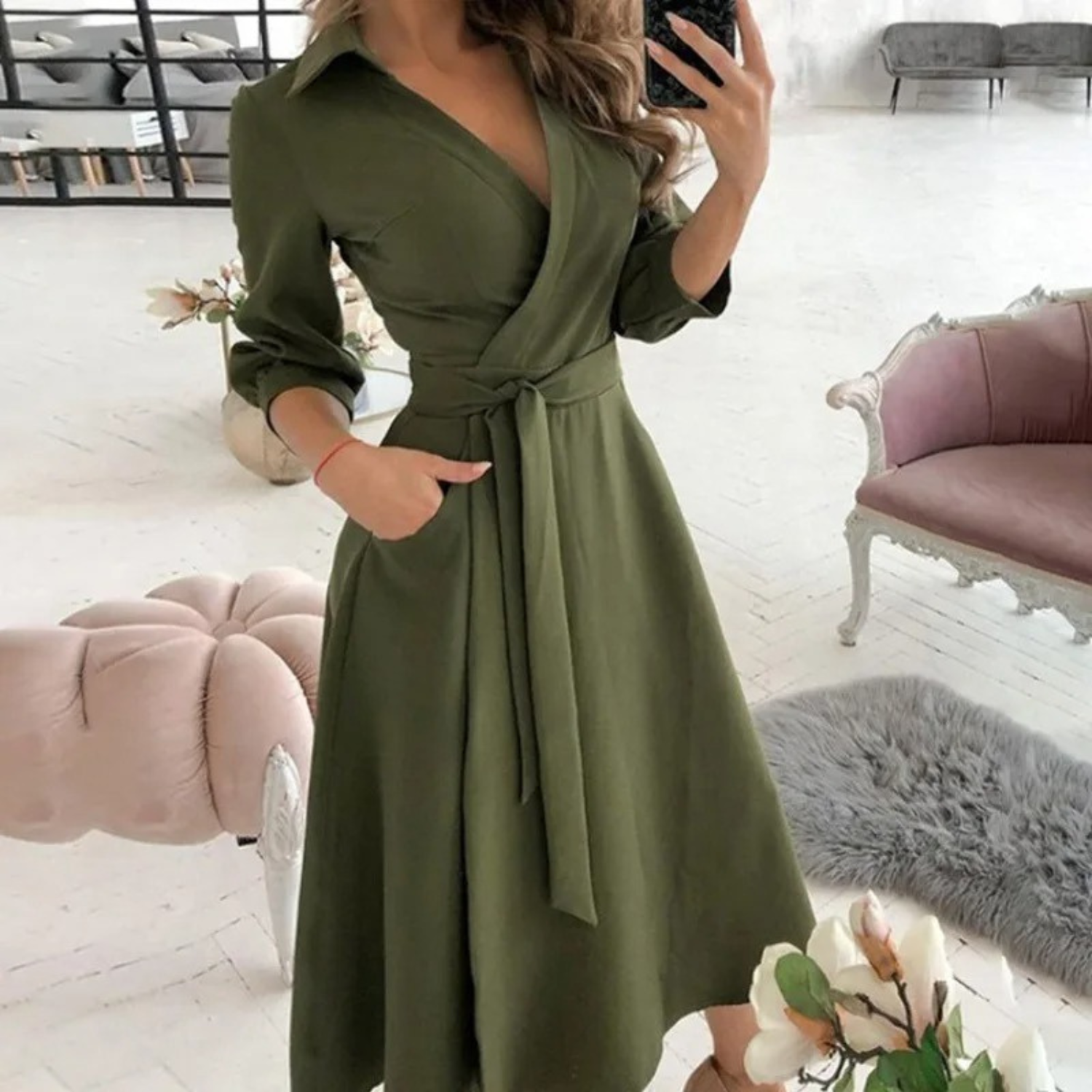 Women’s Button-Down Shirt Dress – Long Sleeve with Waist Tie