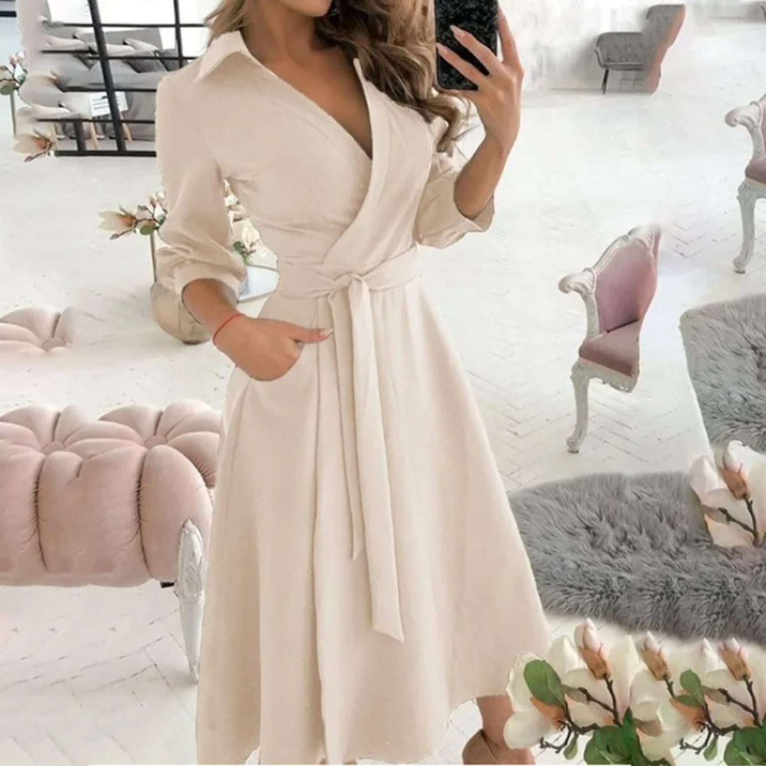 Women’s Button-Down Shirt Dress – Long Sleeve with Waist Tie