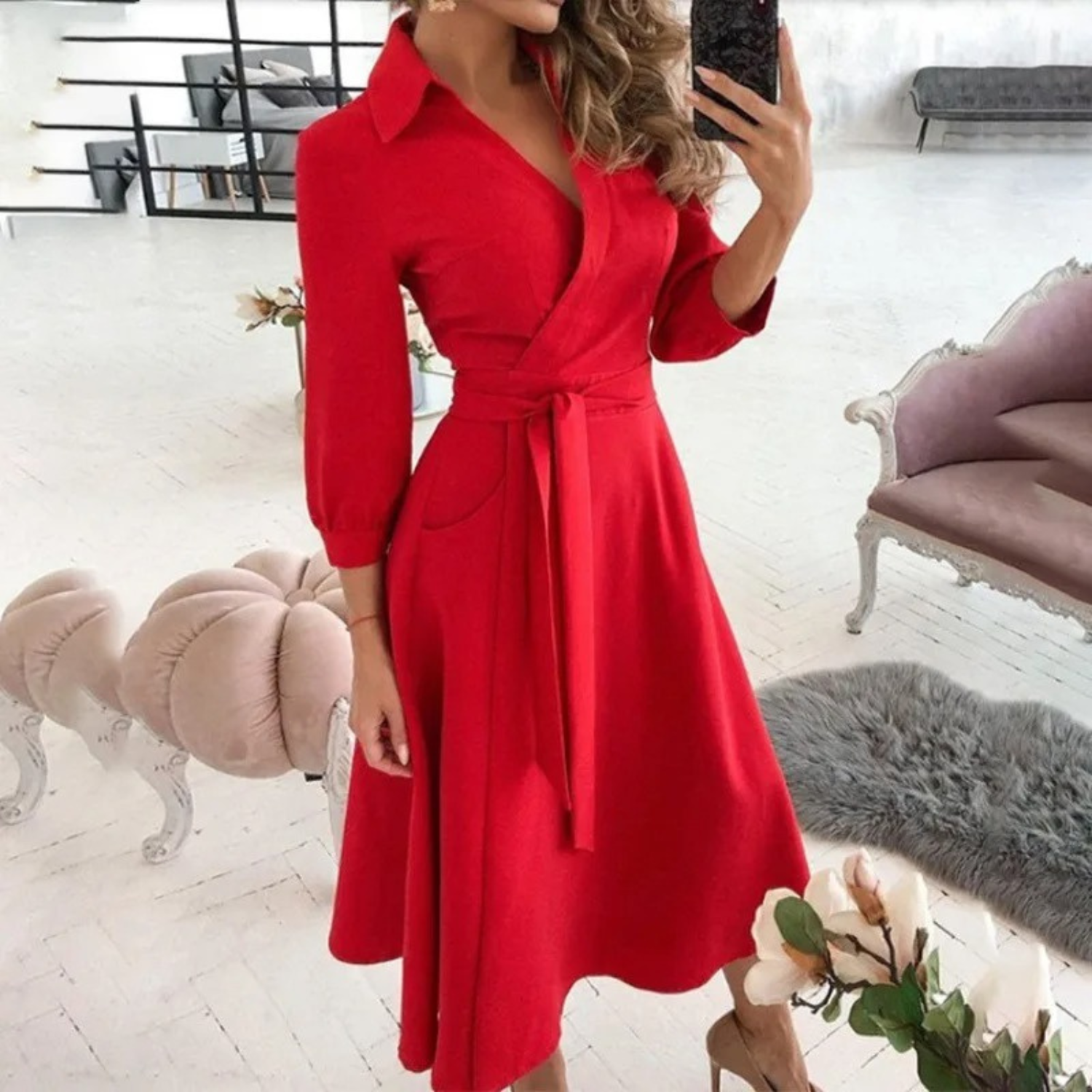 Women’s Button-Down Shirt Dress – Long Sleeve with Waist Tie