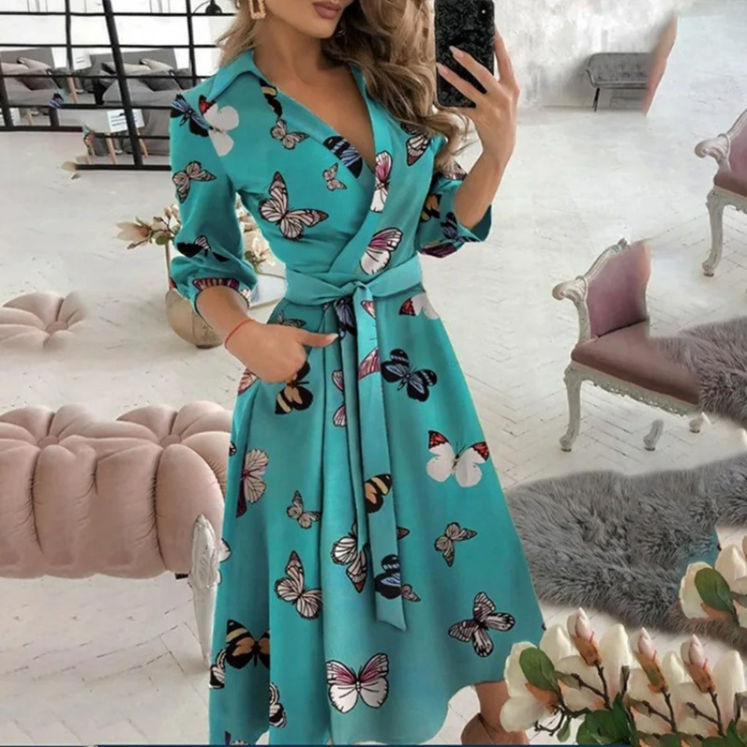 Women’s Button-Down Shirt Dress – Long Sleeve with Waist Tie