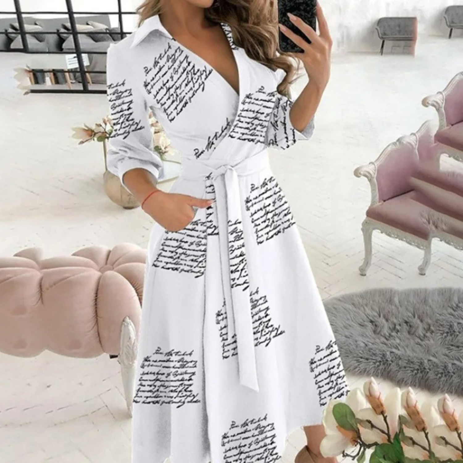 Women’s Button-Down Shirt Dress – Long Sleeve with Waist Tie